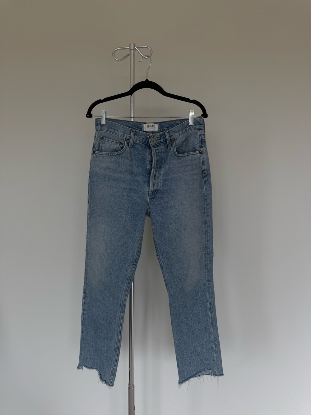 Agolde Medium Wash Straight-Leg Jeans with Raw Hem